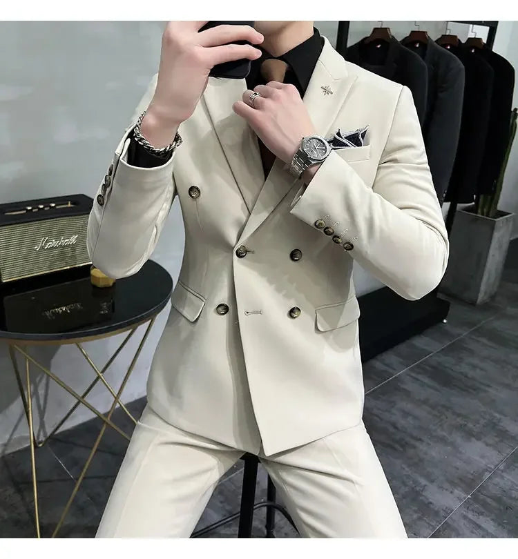 ( Jacket + Pants ) Brand Solid Color Formal Casual Business Office Double Buttons Suit Two-pcs Set Groom Wedding Dress Party