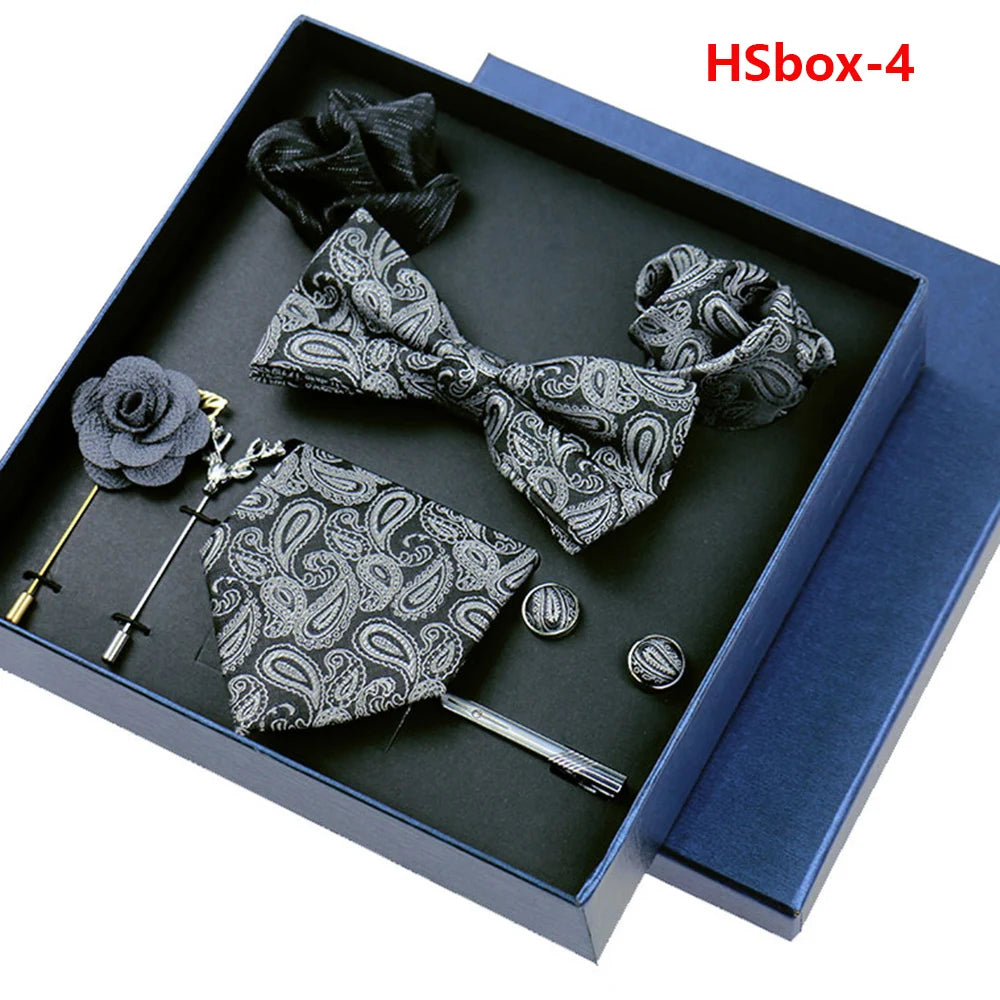 Set Bussiness Blue Ties For Mans Floral Brooches Pin Cufflinks Tie Clips Butterfly Bowtie Wedding Accessori Gift Box Set