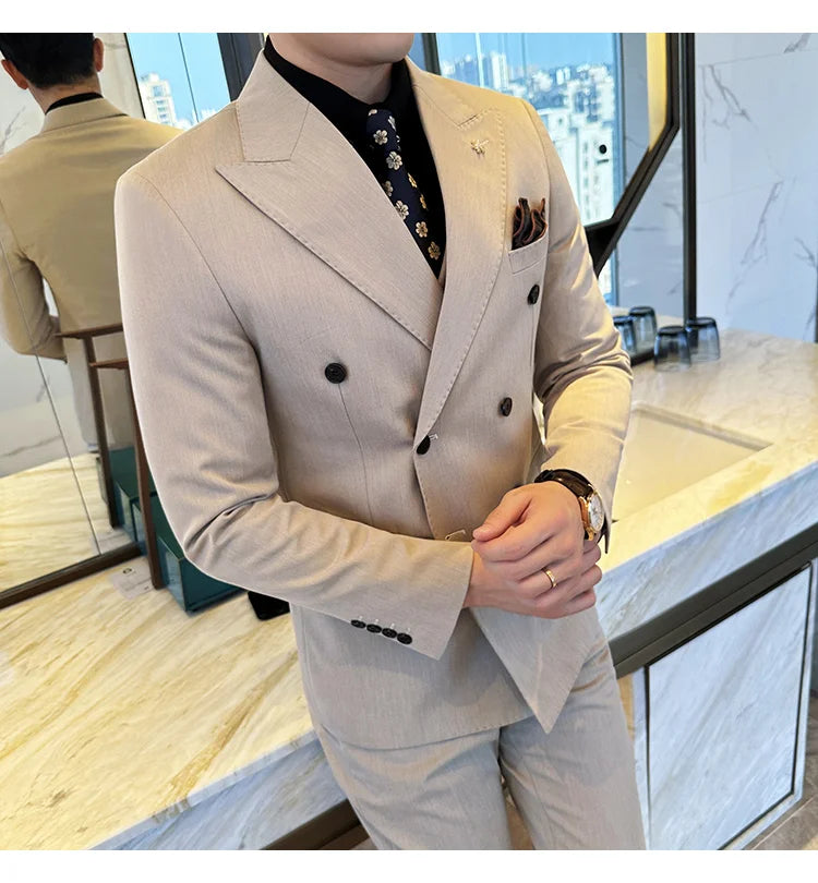 (Jacket + Trousers) Fashion Double Breasted Design Slim Men's Suit Italian Style Luxury Wedding Social Party Tuxedo 2 Piece Sets