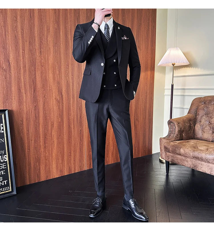 (Jackets+Pants+Vest) High Quality Men Slim Fit Party Tuxedos 3 Pieces Fashion Double Breasted Vest Design Business Wedding Suit