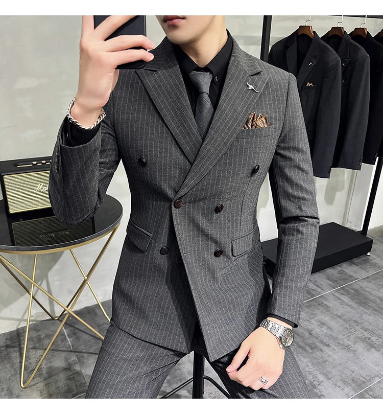 in black Fashion New Men's Boutique Business Slim Wedding Striped Double Breasted Suit Blazers Jacket Pants Trousers Vest 3 Pcs Set