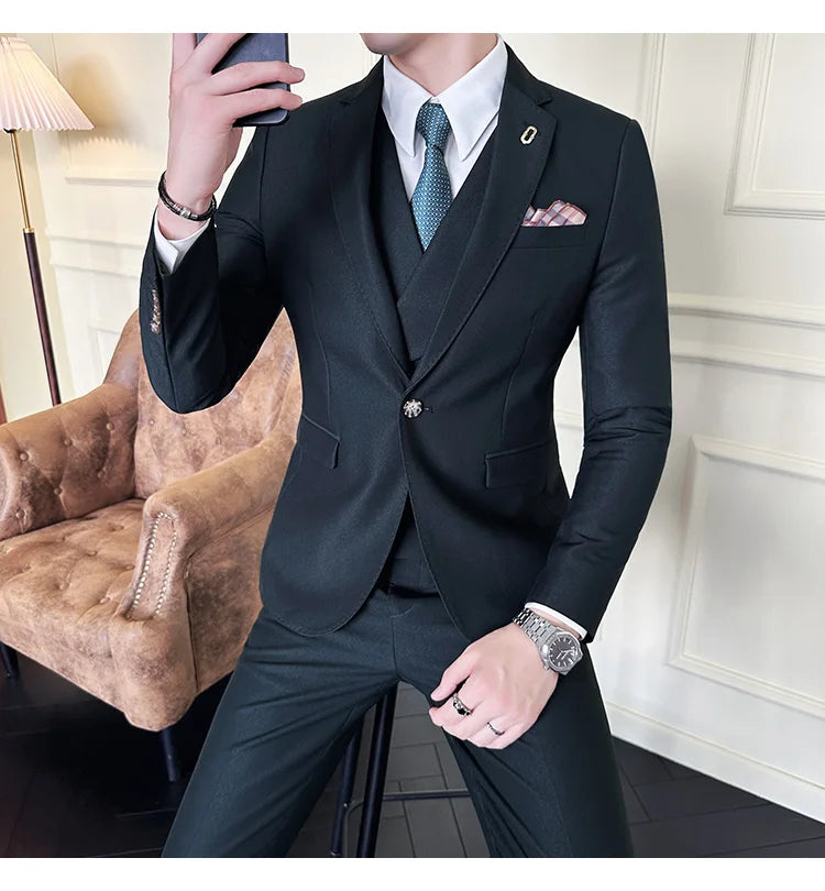 (Jackets+Pants+Vest) High Quality Men Slim Fit Party Tuxedos 3 Pieces Fashion Double Breasted Vest Design Business Wedding Suit