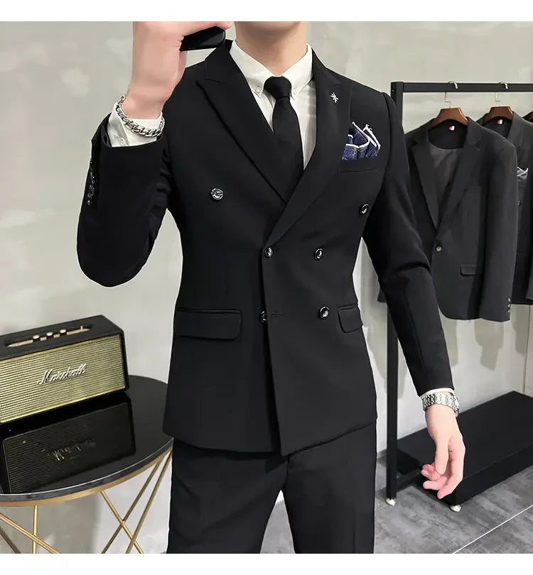 ( Jacket + Pants ) Brand Solid Color Formal Casual Business Office Double Buttons Suit Two-pcs Set Groom Wedding Dress Party