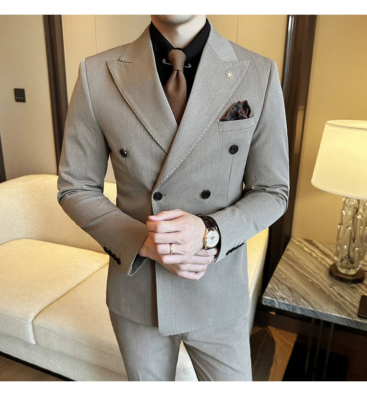 (Jacket + Trousers) Fashion Double Breasted Design Slim Men's Suit Italian Style Luxury Wedding Social Party Tuxedo 2 Piece Sets