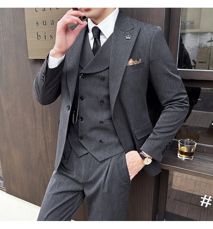 (Jackets+Pants+Vest) High Quality Men Slim Fit Party Tuxedos 3 Pieces Fashion Double Breasted Vest Design Wedding Social Suit