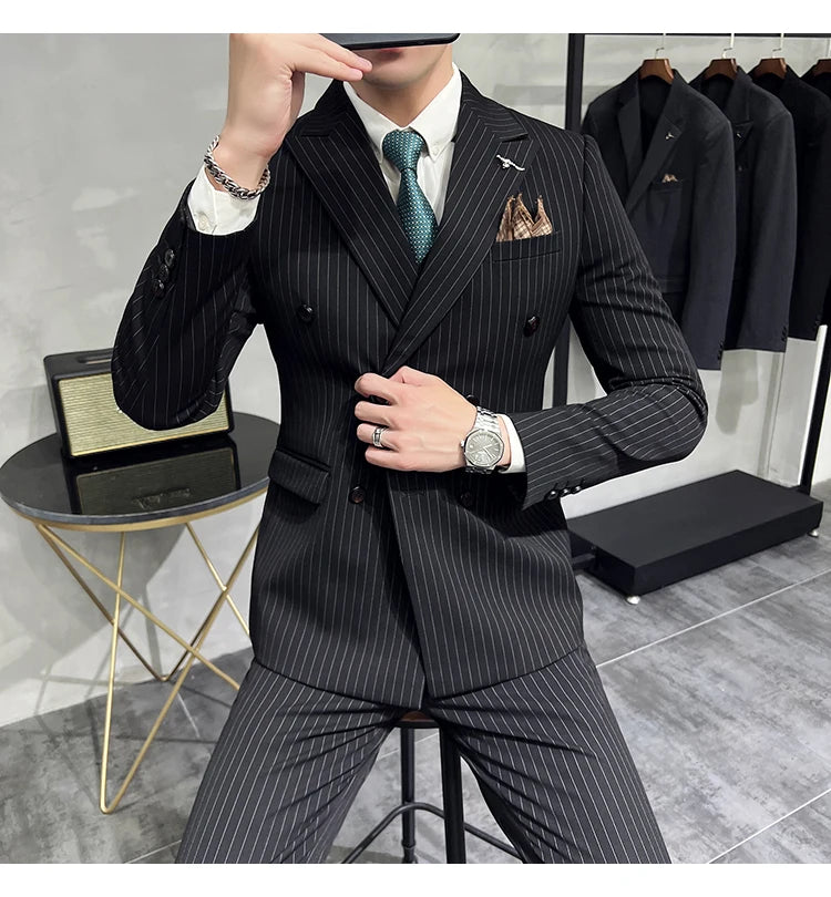 in black Fashion New Men's Boutique Business Slim Wedding Striped Double Breasted Suit Blazers Jacket Pants Trousers Vest 3 Pcs Set