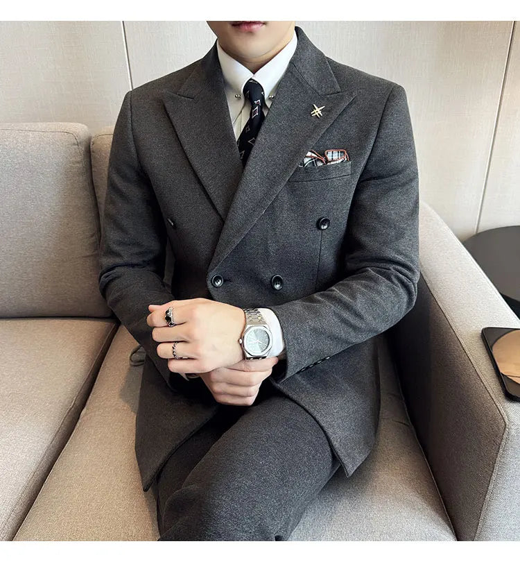 (Jacket+Vest+Pant) Autumn Winter Thickened Woolen Suit  New High Quality Slim Business Tuxedo Fashion Wedding Social Suits