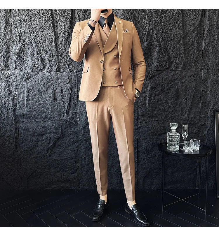 (Jackets+Pants+Vest) High Quality Men Slim Fit Party Tuxedos 3 Pieces Fashion Double Breasted Vest Design Business Wedding Suit