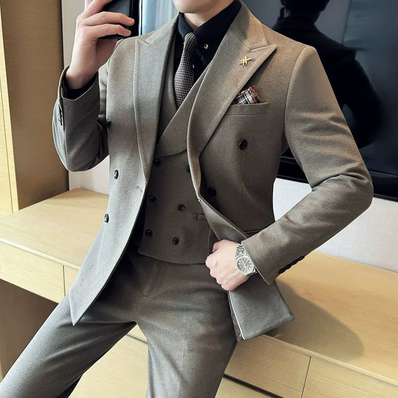 (Jacket+Vest+Pant) Autumn Winter Thickened Woolen Suit  New High Quality Slim Business Tuxedo Fashion Wedding Social Suits