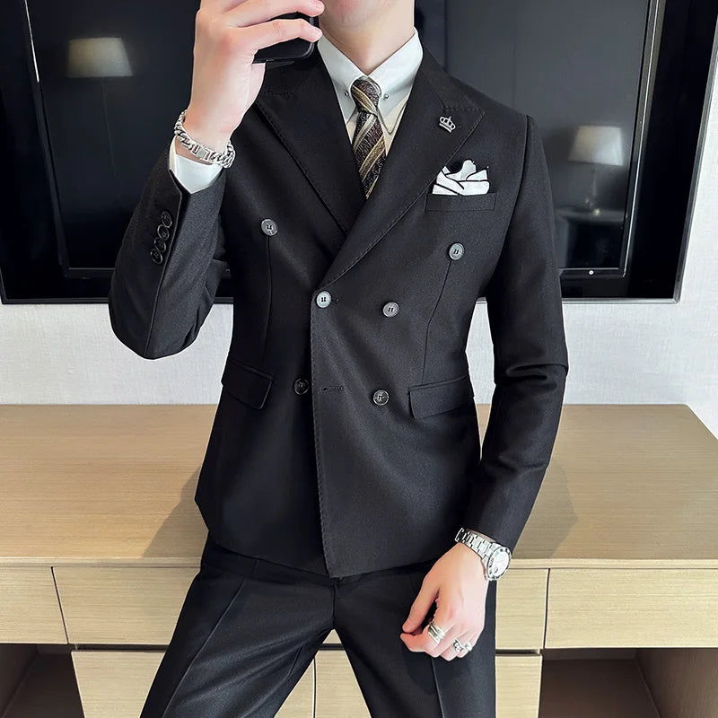 (Jackets+Pant) Latest Design Double Breasted Men Suit Dark green Groom Wedding Stage Tuxedo Man Slim Fit Business Social Suits