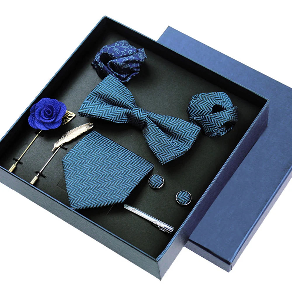 Set Bussiness Blue Ties For Mans Floral Brooches Pin Cufflinks Tie Clips Butterfly Bowtie Wedding Accessori Gift Box Set