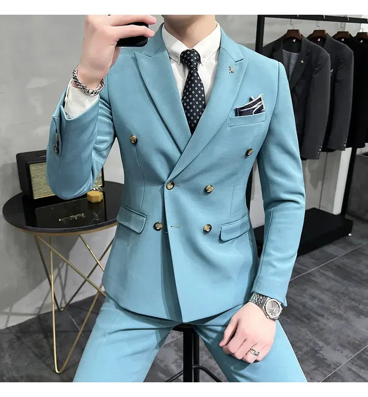 ( Jacket + Pants ) Brand Solid Color Formal Casual Business Office Double Buttons Suit Two-pcs Set Groom Wedding Dress Party