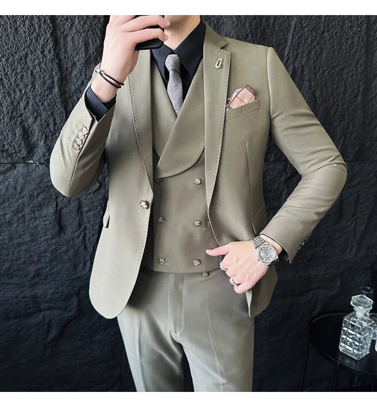 (Jackets+Pants+Vest) High Quality Men Slim Fit Party Tuxedos 3 Pieces Fashion Double Breasted Vest Design Business Wedding Suit