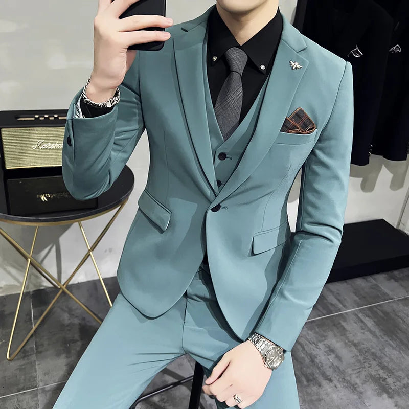 (Jacket +Vest+Pants) 2024 New Mens Wedding Suits Groom Solid Color Formal Office Business Slim Fit Suit Tuxedos 3-Pieces Set