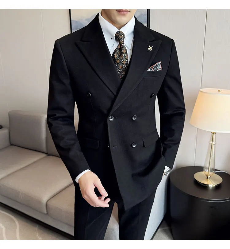 (Jacket+Vest+Pant) Autumn Winter Thickened Woolen Suit  New High Quality Slim Business Tuxedo Fashion Wedding Social Suits