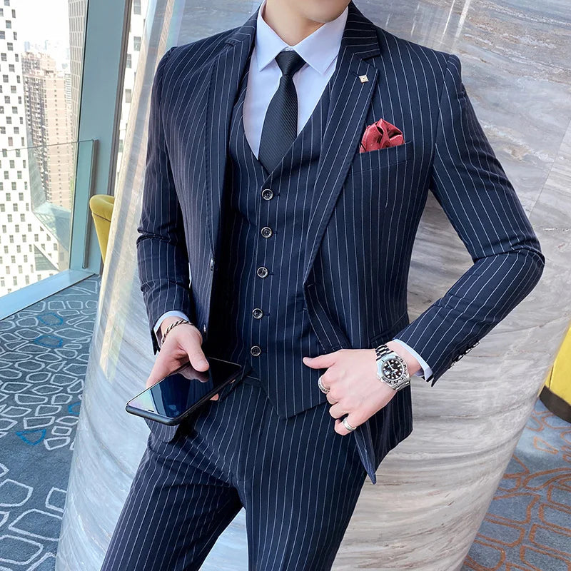 ( Jacket + Vest + Pants ) Prom Groom Tuxedos Latest Designs Male Wedding Suits 3Pcs Set Men's striped casual business suit