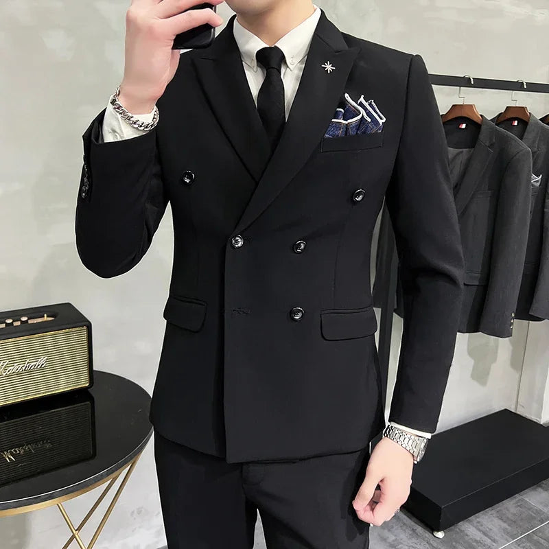 ( Jacket + Pants ) Brand Solid Color Formal Casual Business Office Double Buttons Suit Two-pcs Set Groom Wedding Dress Party