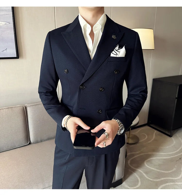 (Jackets+Pant) Latest Design Double Breasted Men Suit Dark green Groom Wedding Stage Tuxedo Man Slim Fit Business Social Suits