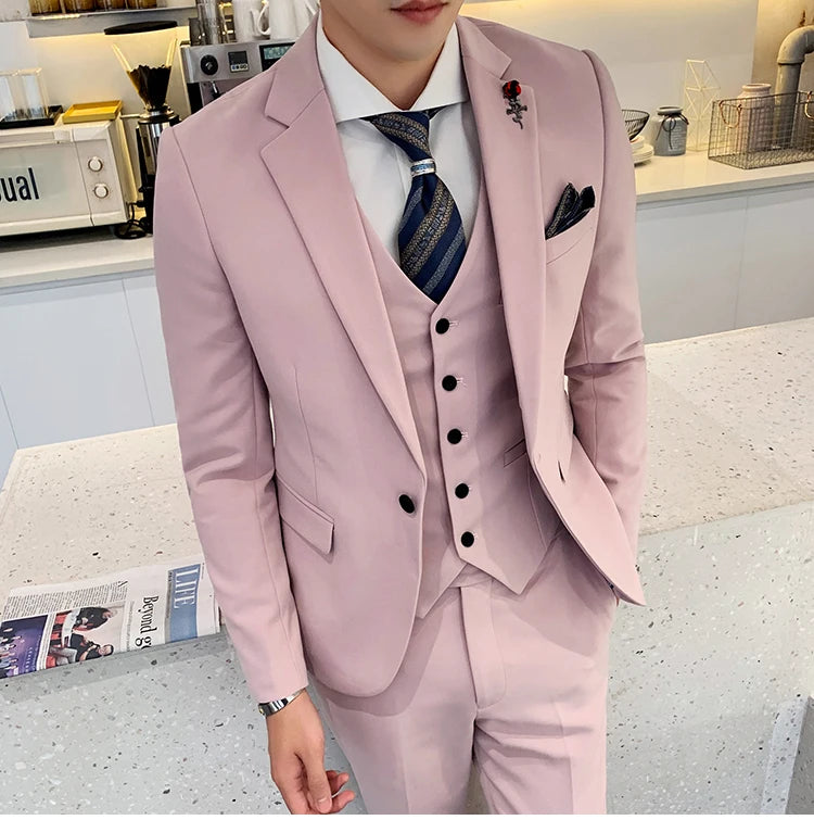 (Jacket +Vest+Pants) 2024 New Mens Wedding Suits Groom Solid Color Formal Office Business Slim Fit Suit Tuxedos 3-Pieces Set