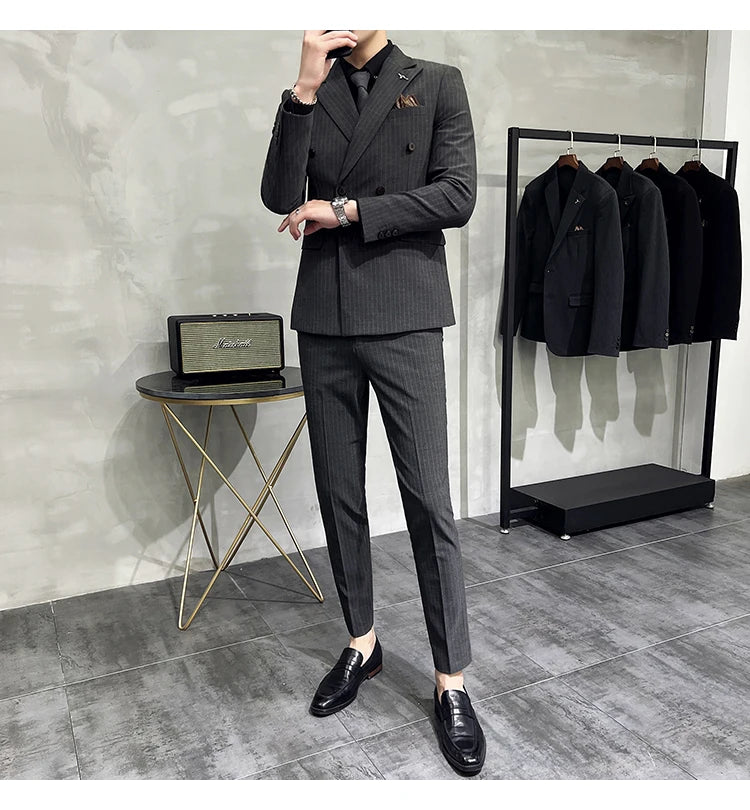 in black Fashion New Men's Boutique Business Slim Wedding Striped Double Breasted Suit Blazers Jacket Pants Trousers Vest 3 Pcs Set