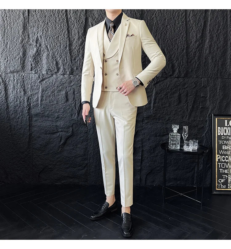 (Jackets+Pants+Vest) High Quality Men Slim Fit Party Tuxedos 3 Pieces Fashion Double Breasted Vest Design Business Wedding Suit