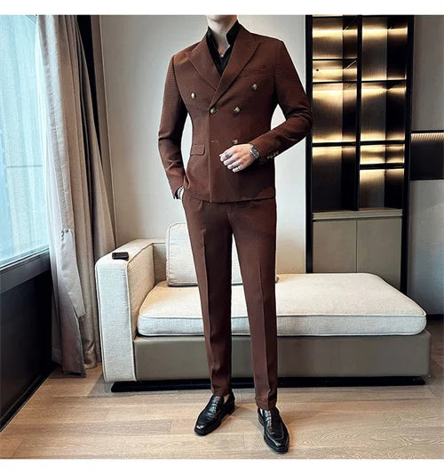 ( Jacket + Pant )Double-breasted Waffle Business Suit Men Wedding Prom Party Blazers and Trouser Homme Slim Fit Tuxedo Dress Set