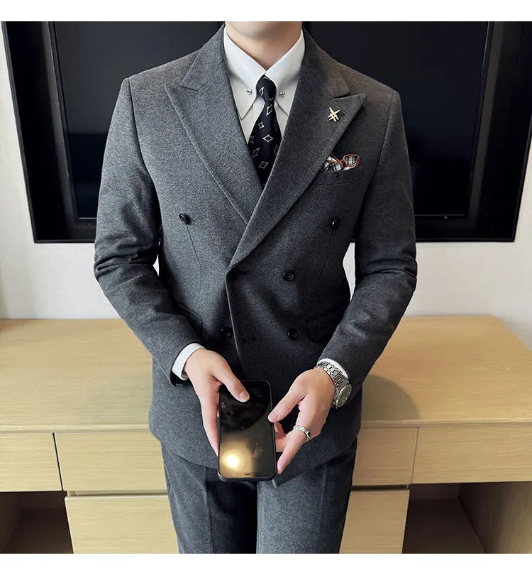 (Jacket+Vest+Pant) Autumn Winter Thickened Woolen Suit  New High Quality Slim Business Tuxedo Fashion Wedding Social Suits