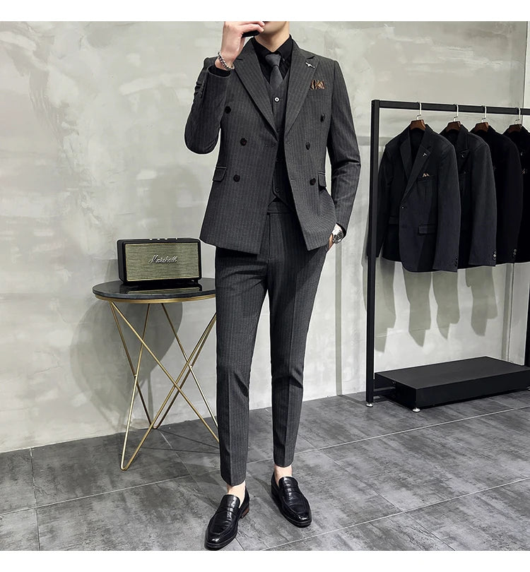 in black Fashion New Men's Boutique Business Slim Wedding Striped Double Breasted Suit Blazers Jacket Pants Trousers Vest 3 Pcs Set