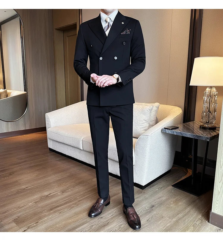 (Jacket + Trousers) Fashion Double Breasted Design Slim Men's Suit Italian Style Luxury Wedding Social Party Tuxedo 2 Piece Sets