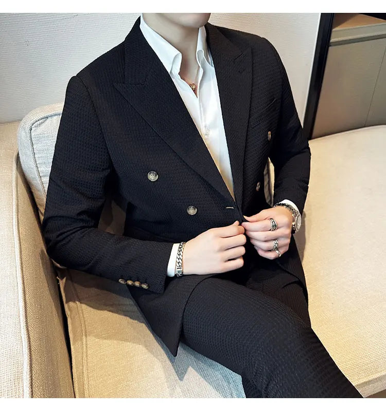 ( Jacket + Pant )Double-breasted Waffle Business Suit Men Wedding Prom Party Blazers and Trouser Homme Slim Fit Tuxedo Dress Set