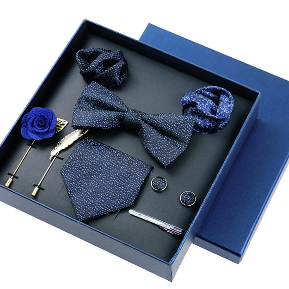 Set Bussiness Blue Ties For Mans Floral Brooches Pin Cufflinks Tie Clips Butterfly Bowtie Wedding Accessori Gift Box Set