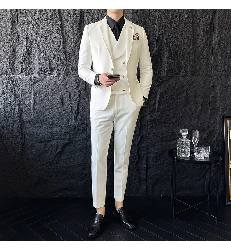 (Jackets+Pants+Vest) High Quality Men Slim Fit Party Tuxedos 3 Pieces Fashion Double Breasted Vest Design Business Wedding Suit