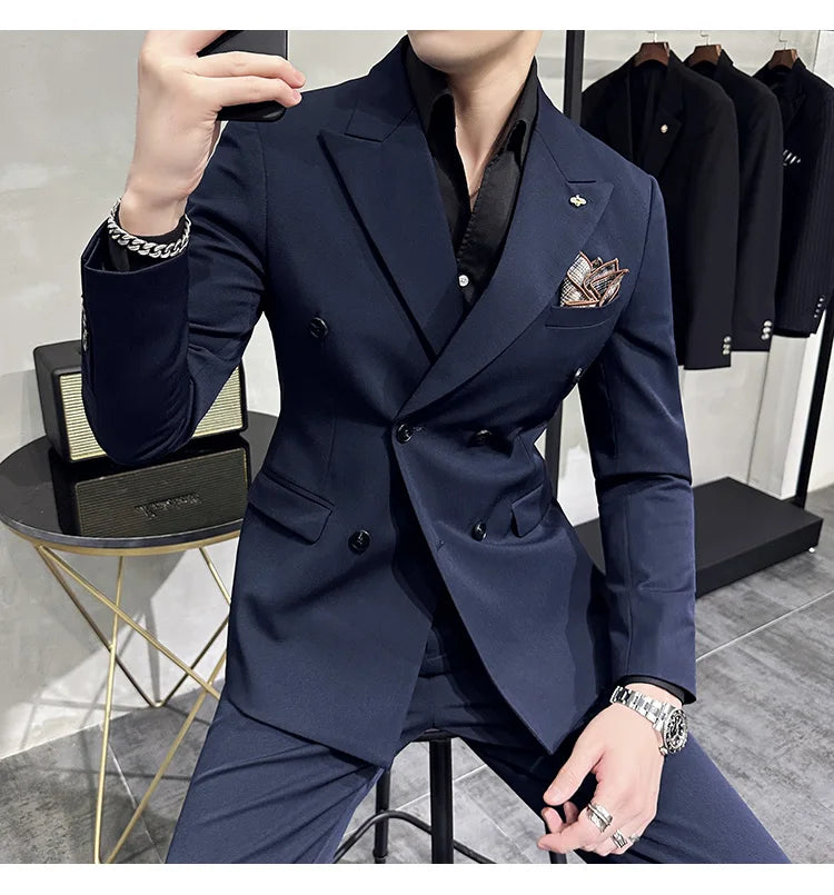 Men's Classic Double-breasted Suit Suit (suit+pants) 7XL-S Men's Luxury Fashion Wedding Banquet Social Suit Business Suit 2 Sets