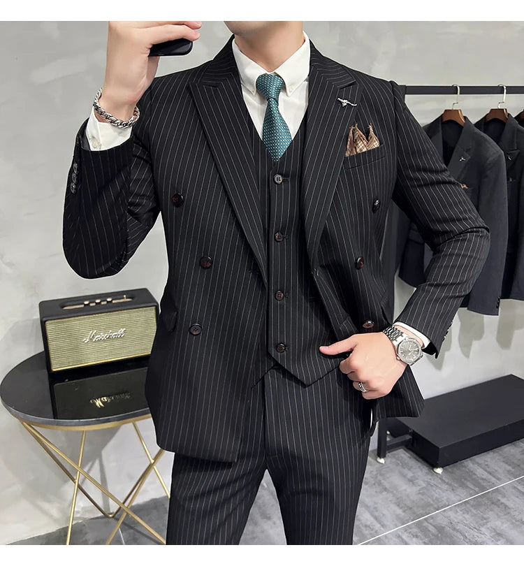 in black Fashion New Men's Boutique Business Slim Wedding Striped Double Breasted Suit Blazers Jacket Pants Trousers Vest 3 Pcs Set