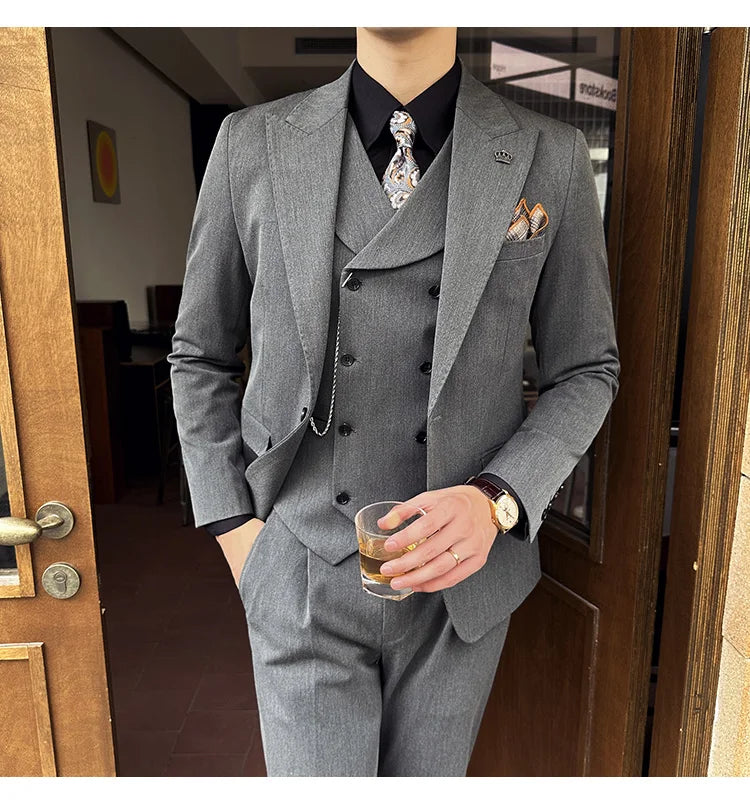 (Jackets+Pants+Vest) High Quality Men Slim Fit Party Tuxedos 3 Pieces Fashion Double Breasted Vest Design Wedding Social Suit