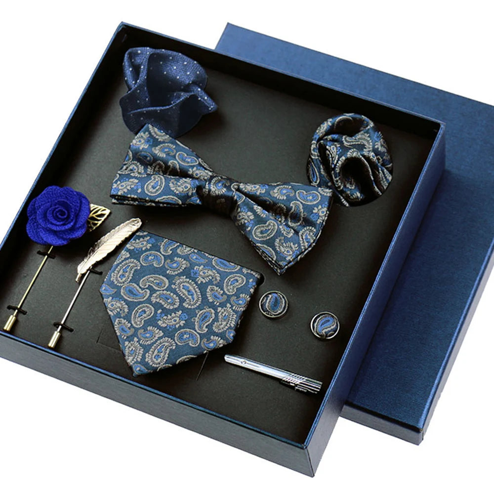 Set Bussiness Blue Ties For Mans Floral Brooches Pin Cufflinks Tie Clips Butterfly Bowtie Wedding Accessori Gift Box Set