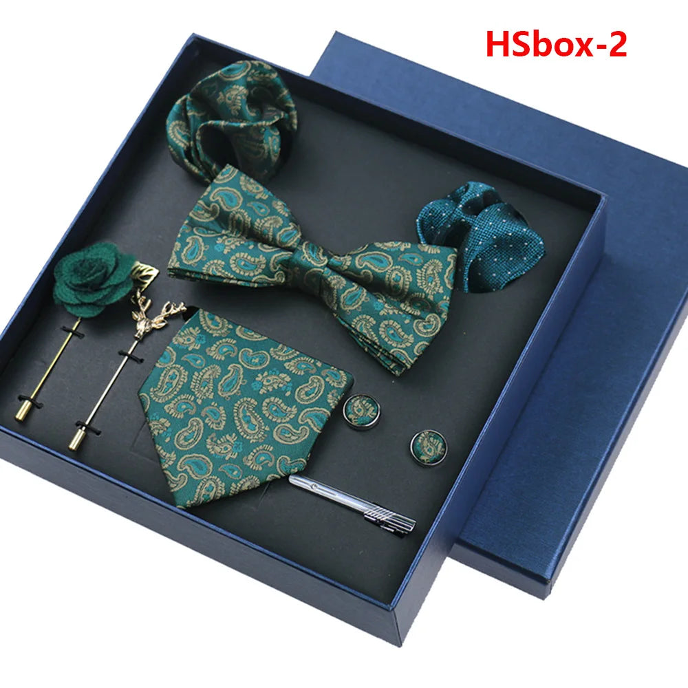 Set Bussiness Blue Ties For Mans Floral Brooches Pin Cufflinks Tie Clips Butterfly Bowtie Wedding Accessori Gift Box Set