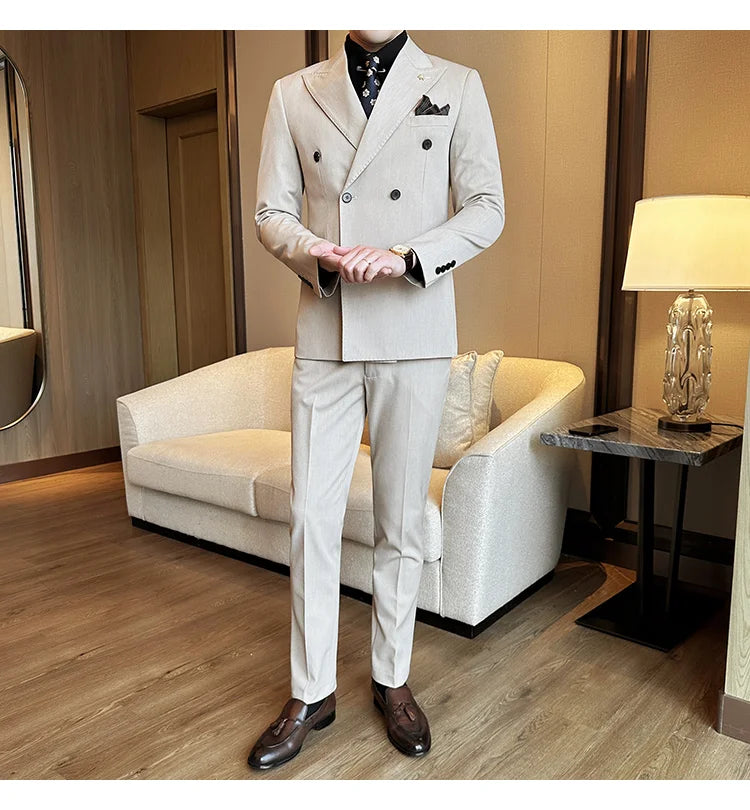 (Jacket + Trousers) Fashion Double Breasted Design Slim Men's Suit Italian Style Luxury Wedding Social Party Tuxedo 2 Piece Sets