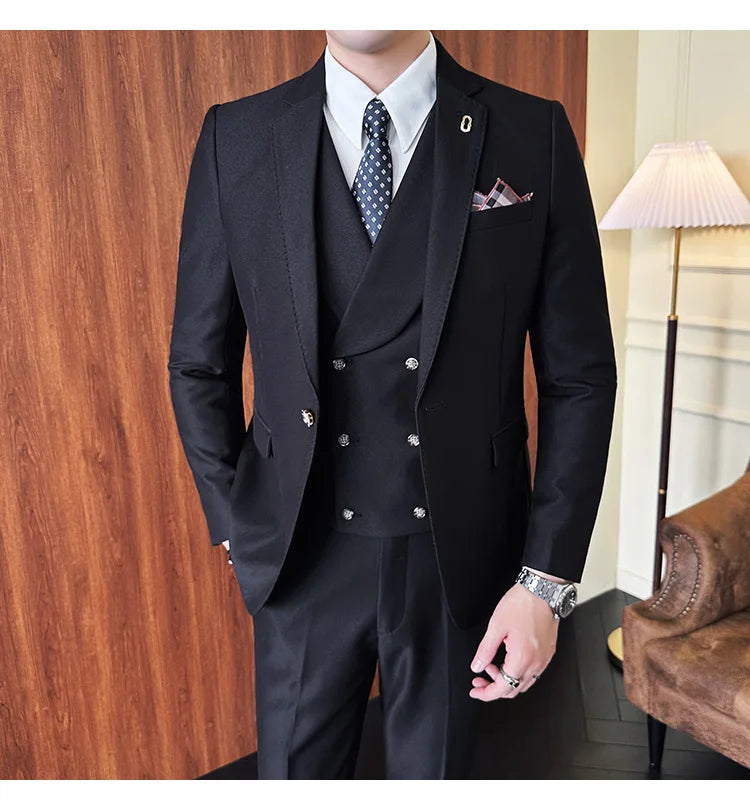 (Jackets+Pants+Vest) High Quality Men Slim Fit Party Tuxedos 3 Pieces Fashion Double Breasted Vest Design Business Wedding Suit