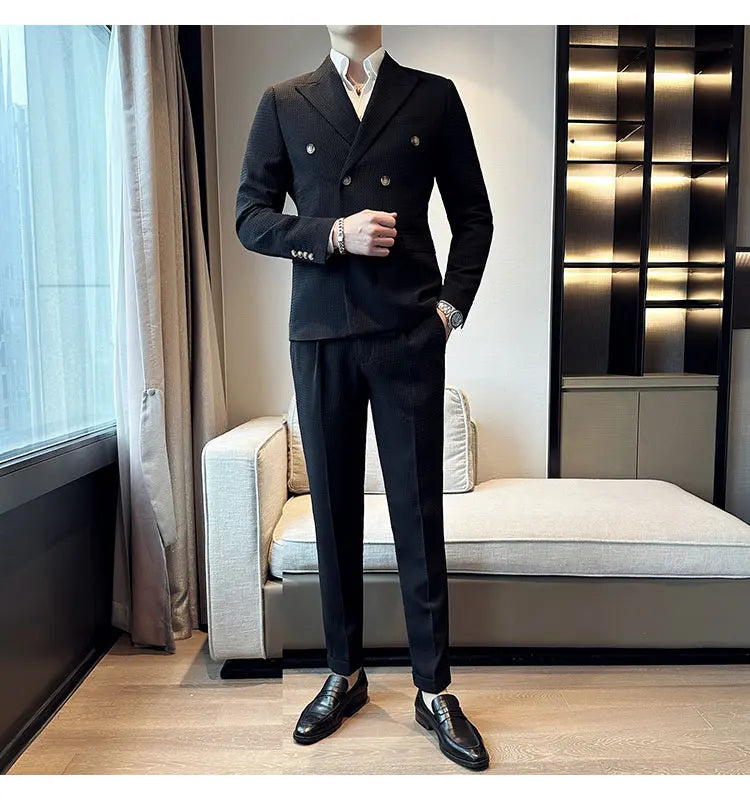 ( Jacket + Pant )Double-breasted Waffle Business Suit Men Wedding Prom Party Blazers and Trouser Homme Slim Fit Tuxedo Dress Set