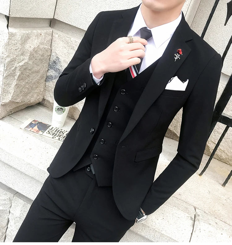 (Jacket +Vest+Pants) 2024 New Mens Wedding Suits Groom Solid Color Formal Office Business Slim Fit Suit Tuxedos 3-Pieces Set