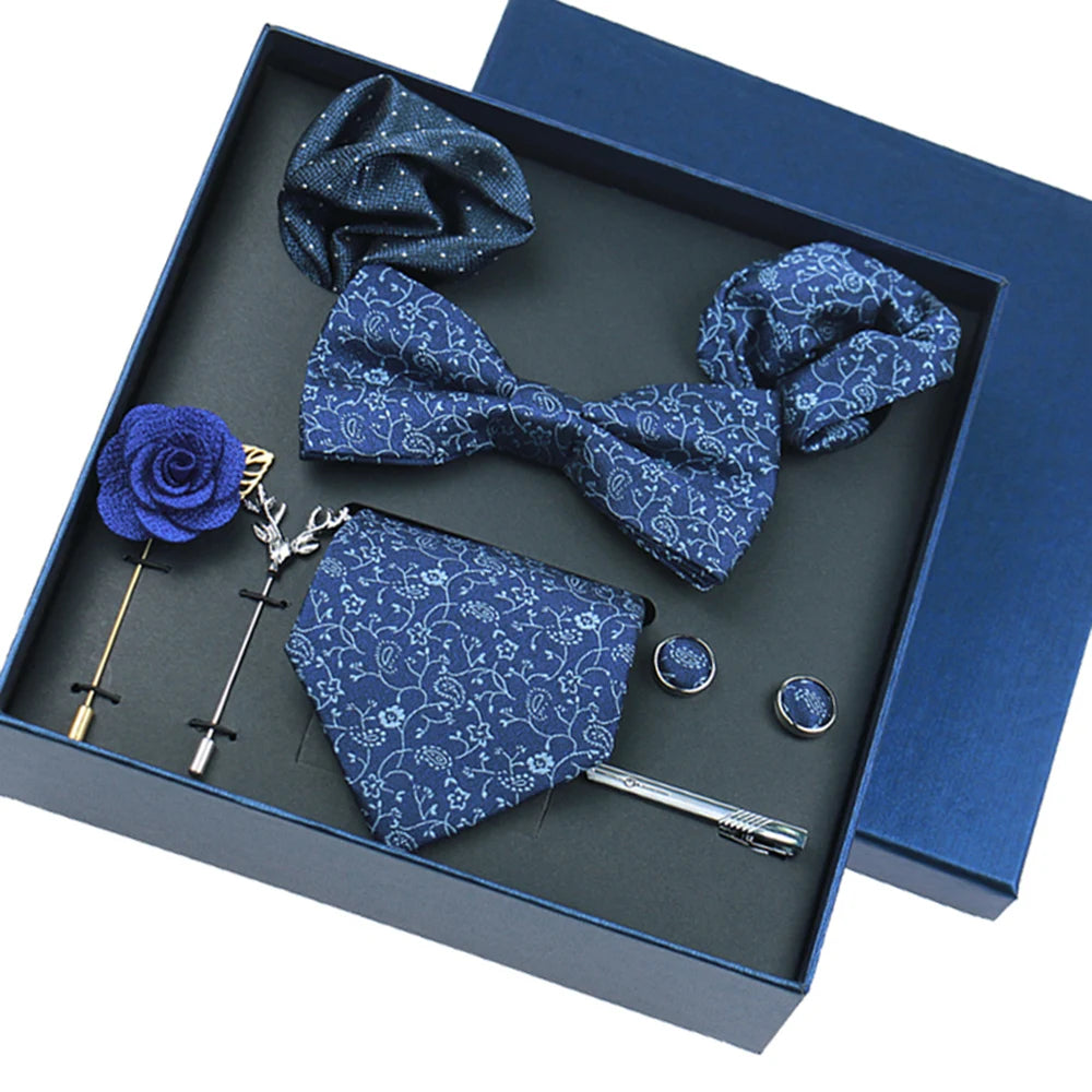 Set Bussiness Blue Ties For Mans Floral Brooches Pin Cufflinks Tie Clips Butterfly Bowtie Wedding Accessori Gift Box Set