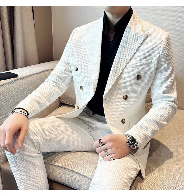 ( Jacket + Pant )Double-breasted Waffle Business Suit Men Wedding Prom Party Blazers and Trouser Homme Slim Fit Tuxedo Dress Set