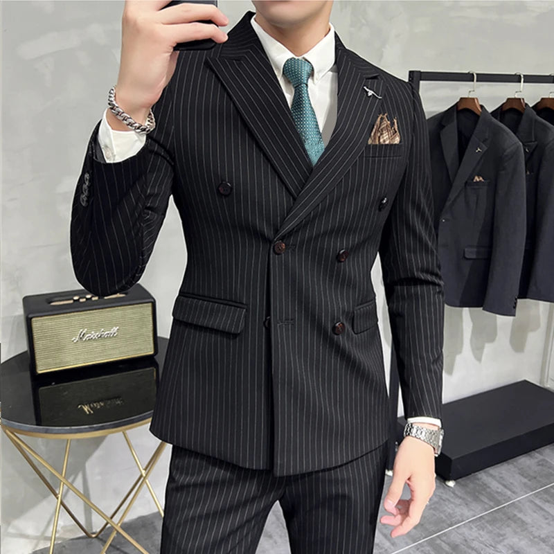 in black Fashion New Men's Boutique Business Slim Wedding Striped Double Breasted Suit Blazers Jacket Pants Trousers Vest 3 Pcs Set