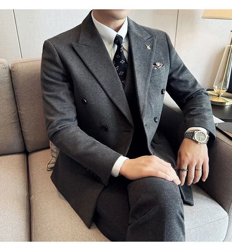 (Jacket+Vest+Pant) Autumn Winter Thickened Woolen Suit  New High Quality Slim Business Tuxedo Fashion Wedding Social Suits