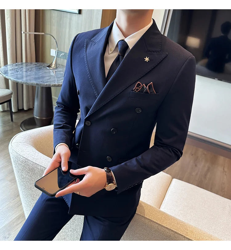 (Jacket + Trousers) Fashion Double Breasted Design Slim Men's Suit Italian Style Luxury Wedding Social Party Tuxedo 2 Piece Sets