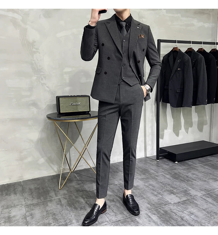 in black Fashion New Men's Boutique Business Slim Wedding Striped Double Breasted Suit Blazers Jacket Pants Trousers Vest 3 Pcs Set