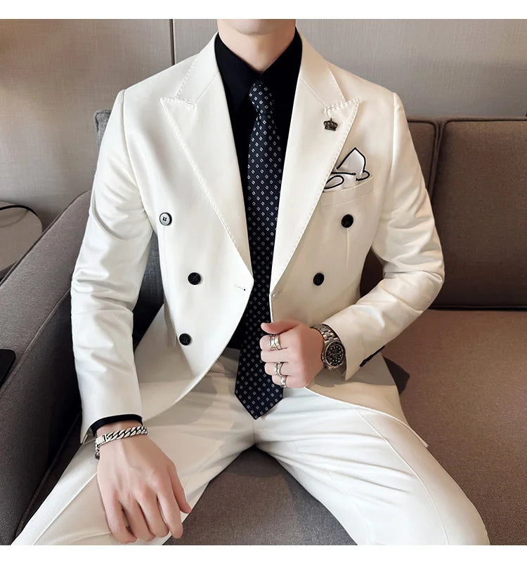 (Jackets+Pant) Latest Design Double Breasted Men Suit Dark green Groom Wedding Stage Tuxedo Man Slim Fit Business Social Suits