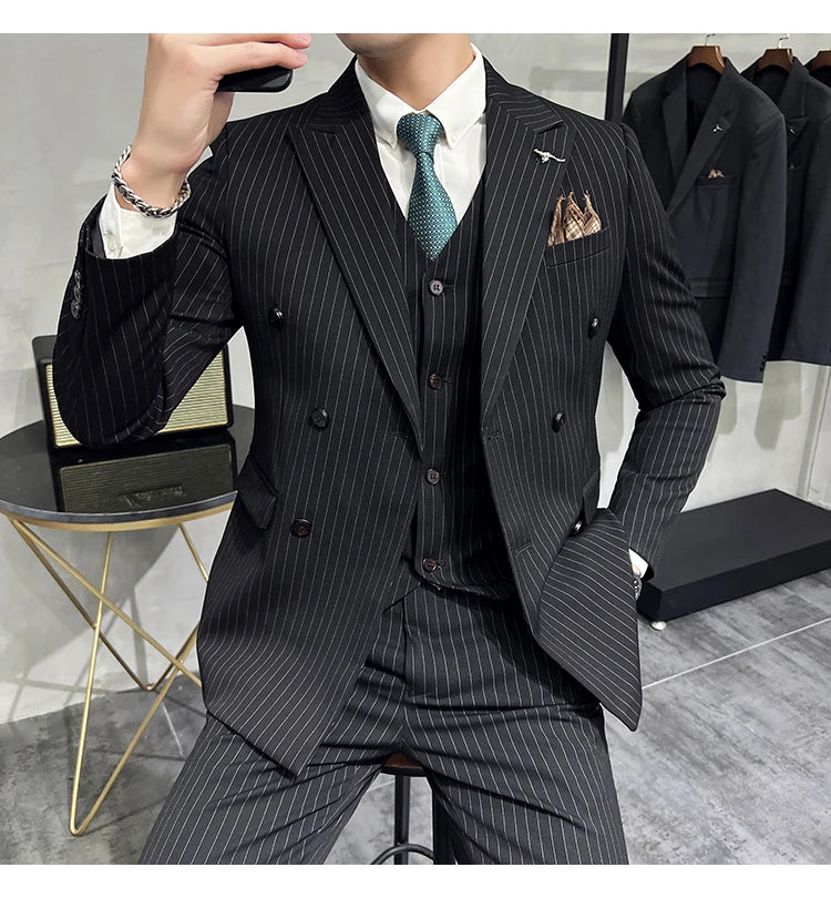 in black Fashion New Men's Boutique Business Slim Wedding Striped Double Breasted Suit Blazers Jacket Pants Trousers Vest 3 Pcs Set