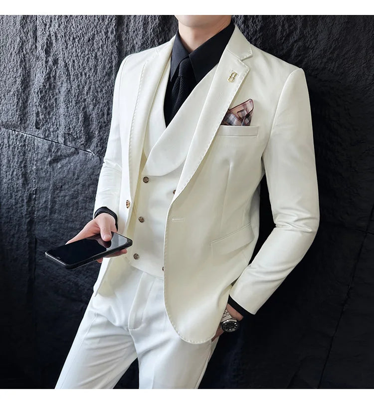 (Jackets+Pants+Vest) High Quality Men Slim Fit Party Tuxedos 3 Pieces Fashion Double Breasted Vest Design Business Wedding Suit